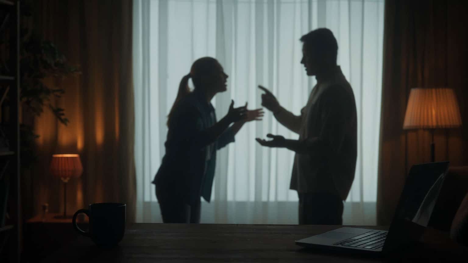 Silhouette of a couple arguing.