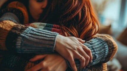 Woman comforting another woman with a hug.